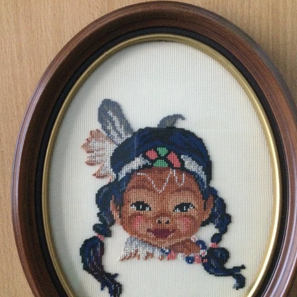 2 Vintage Framed petit point needlework embroidery wall hanging native children - Picture 4 of 7